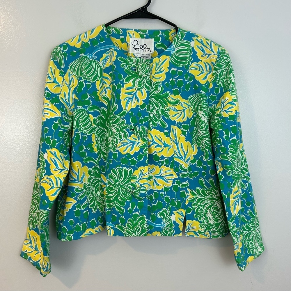 Lilly Pulitzer Floral Tiger Palm Yellow/Green 100% Cotton Jacket Size 6